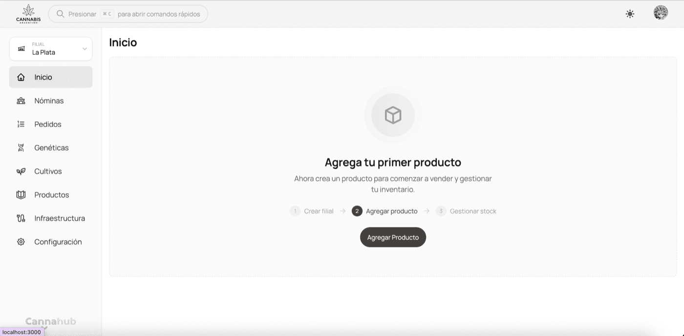 Dashboard con opción de agregar primer producto