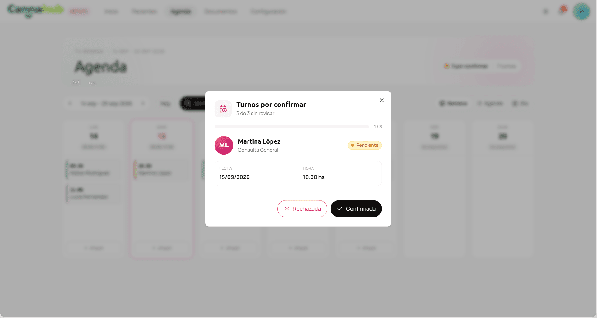 Turnos por confirmar en la agenda del profesional