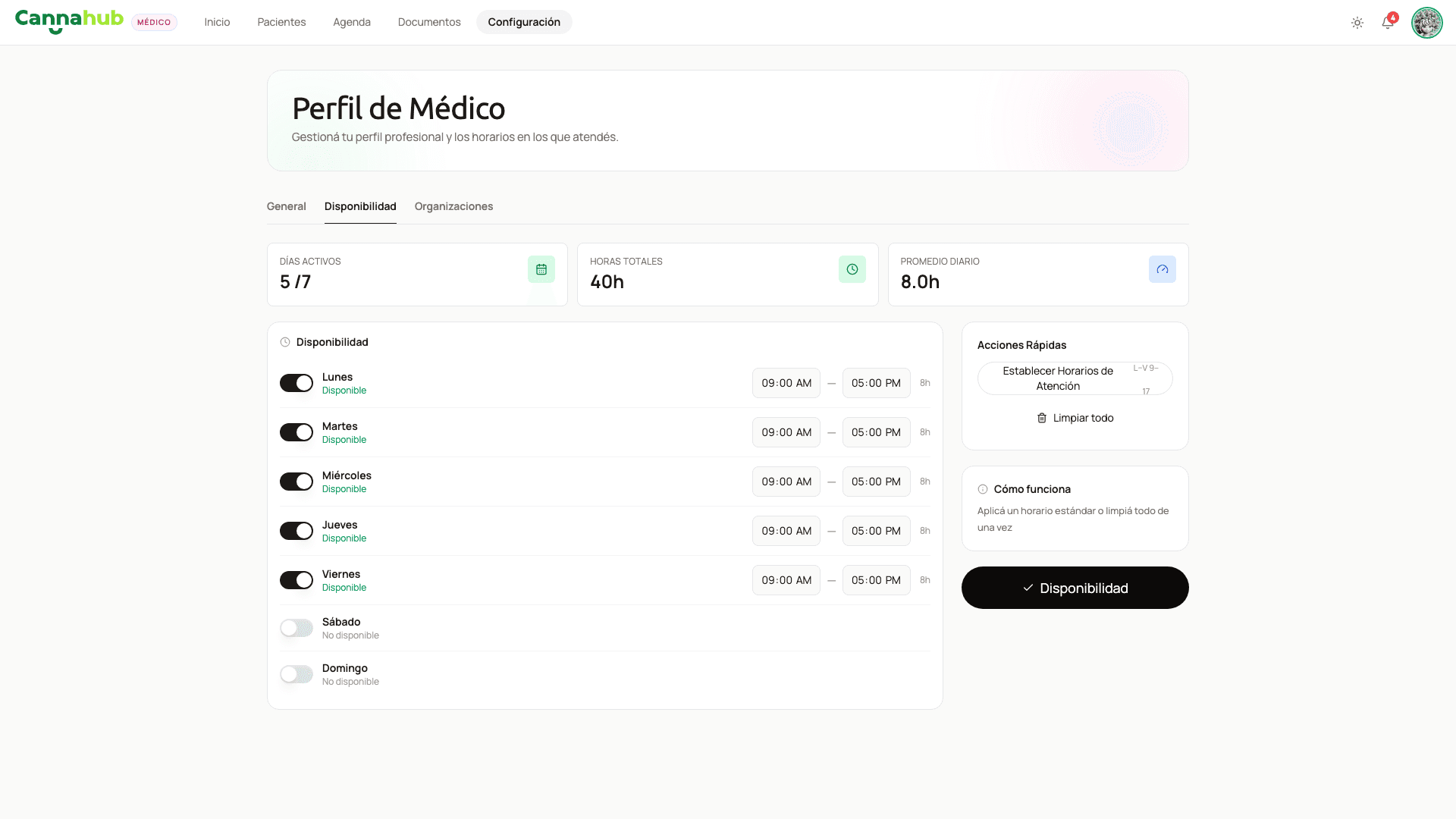 Configuración de la cuenta y disponibilidad del médico