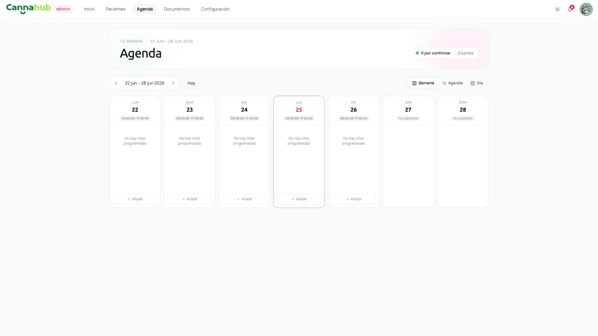 Agenda del profesional médico con las vistas de semana, día y lista