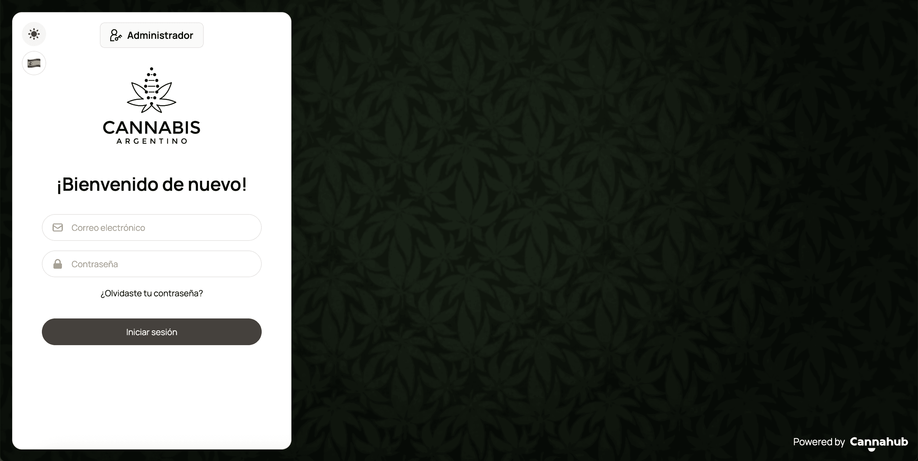 Pantalla de login de administrador de Cannahub