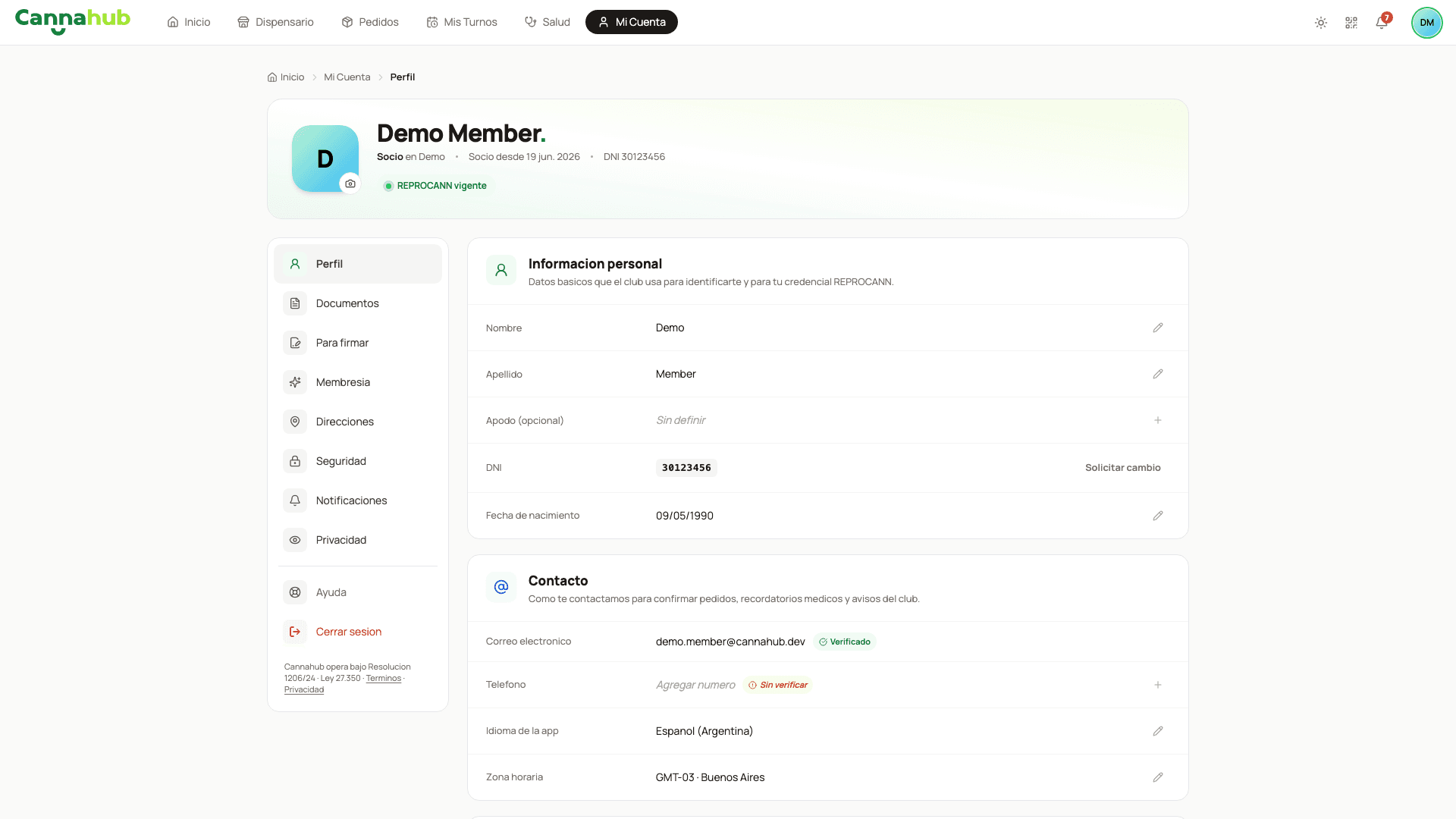 Mi Cuenta — perfil del miembro