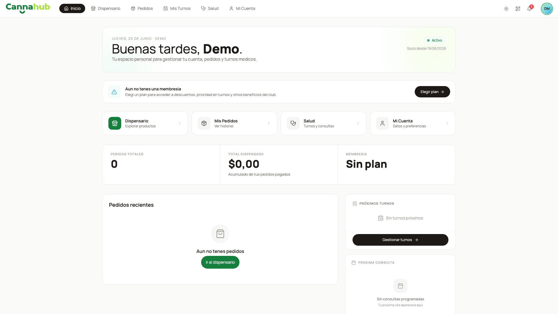 Inicio del miembro con acceso al dispensario y pedidos