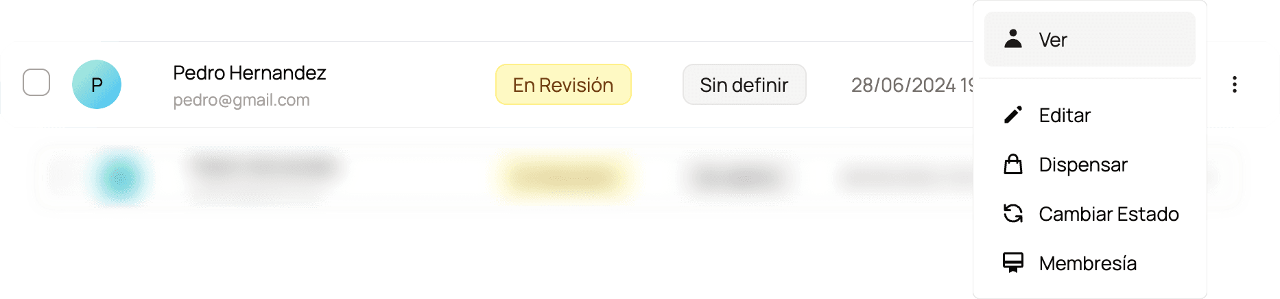 Menú de acciones del miembro