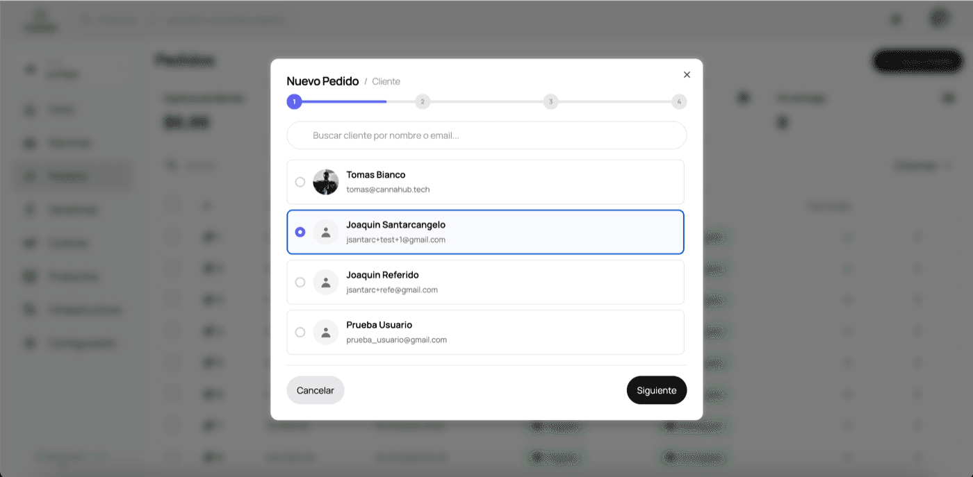 Paso 1 - Selección del cliente para el nuevo pedido