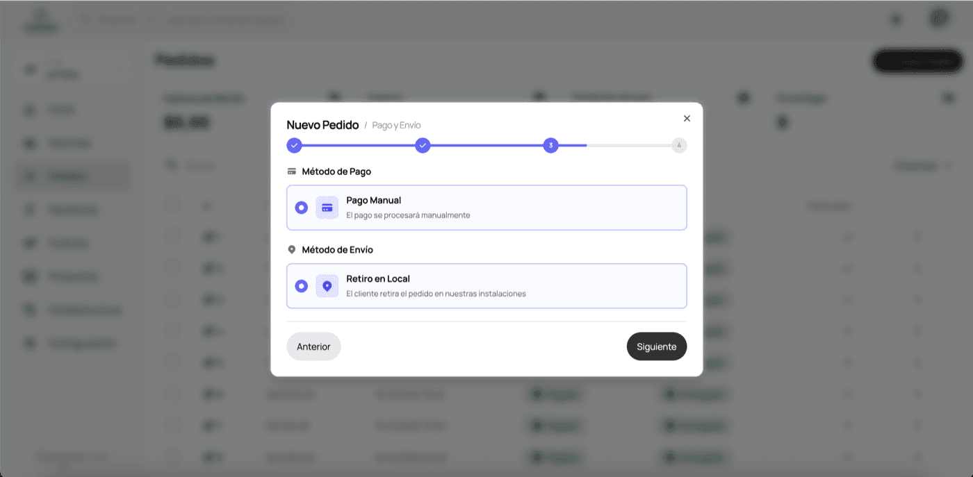 Paso 3 - Selección de método de pago y envío
