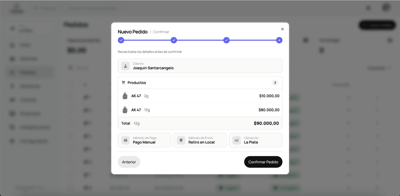 Confirmación de pedido con resumen de productos y total