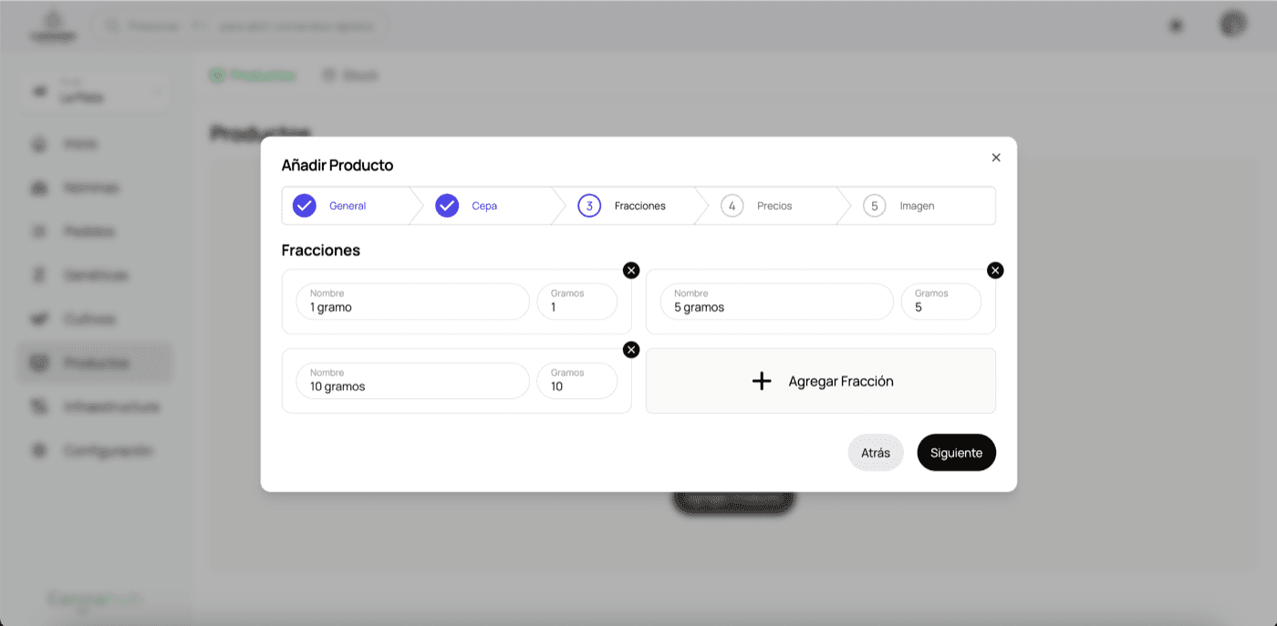 Paso 3 - Definir fracciones (1g, 5g, 10g)