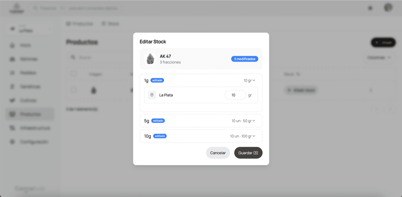 Modal de edición de stock por fracción