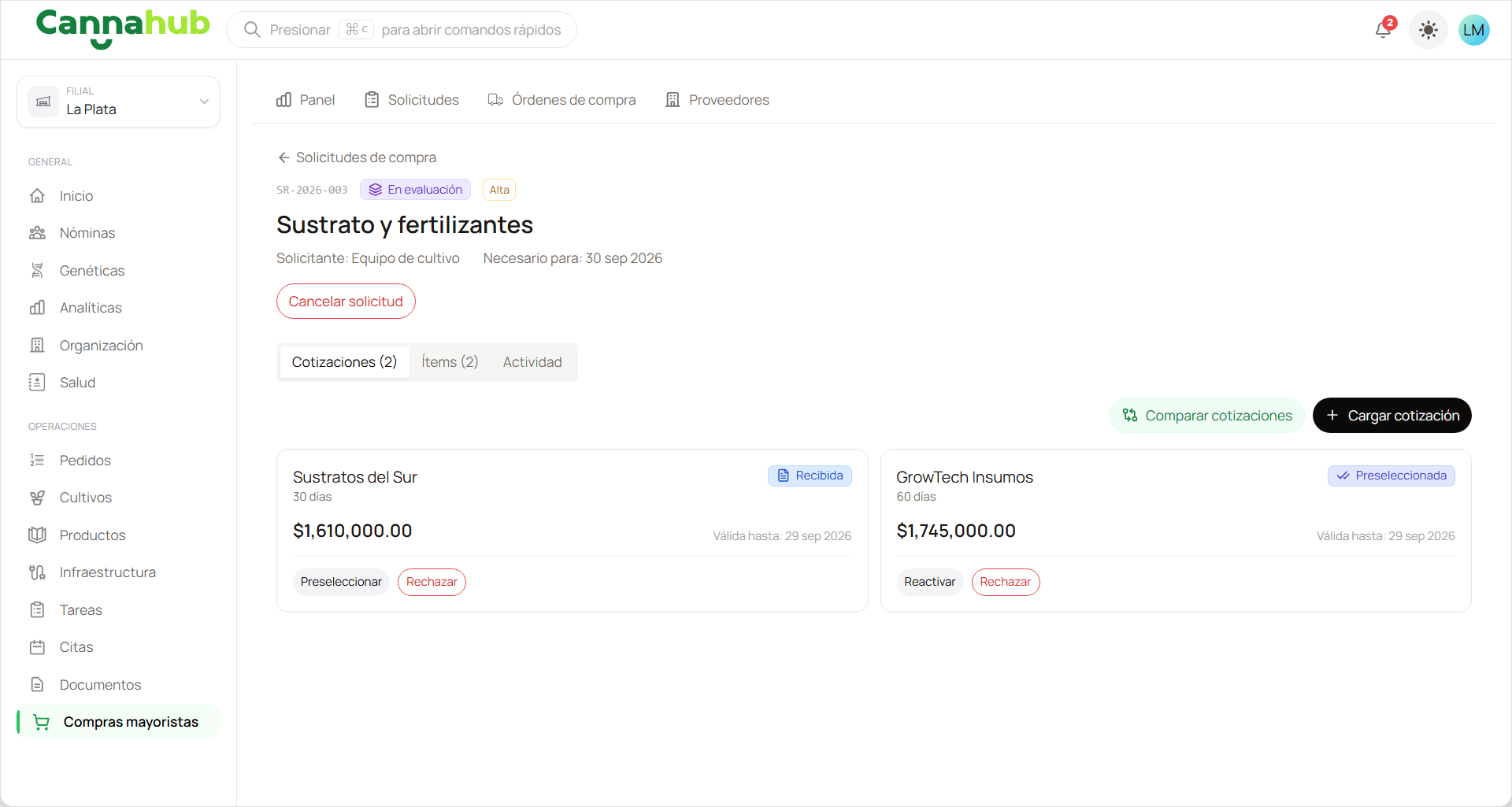 Solicitud de compra con las cotizaciones recibidas de cada proveedor