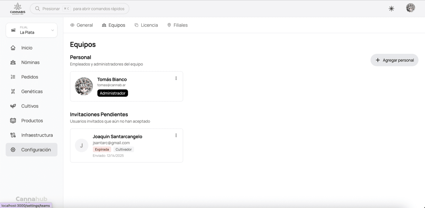 Lista de miembros del equipo con roles asignados