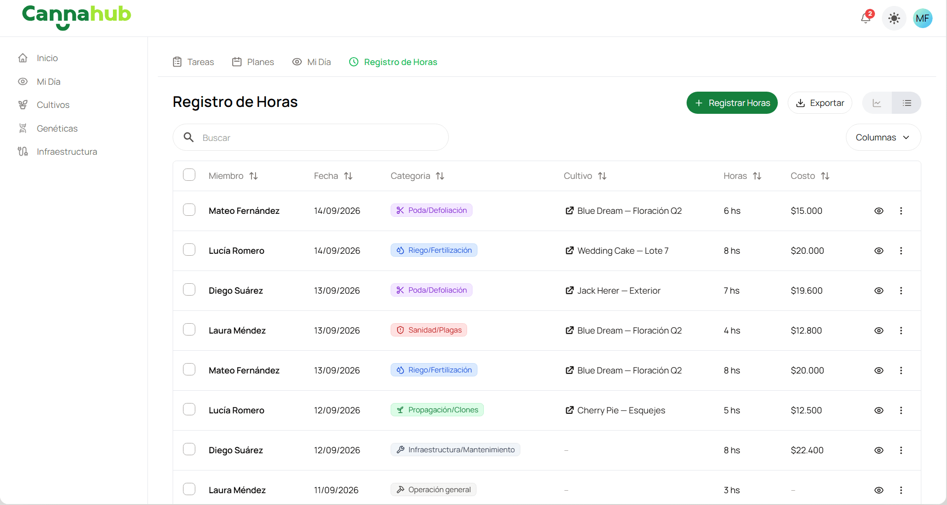 Registro de horas del equipo de trabajo